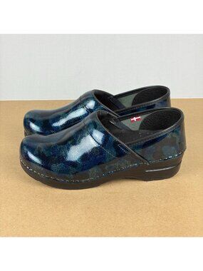 Sanita Patent Leather Comfort Clogs Womens 8 EU 39 Blue Black Slip On Casual